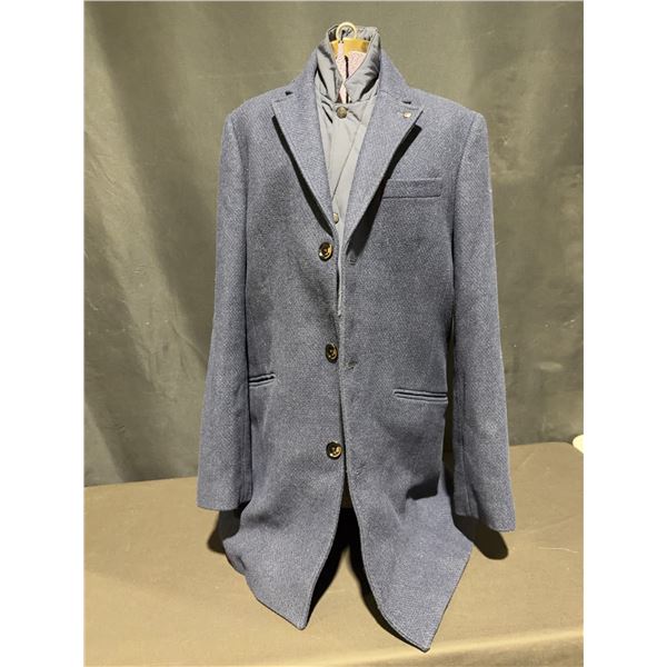 RW&CO Men's Navy Wool Blend Overcoat with Crown Accent Button, Size Medium
