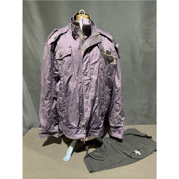 SEZ Men's Purple Utility Jacket with Epaulets and Calvin Klein Black Knit Scarf