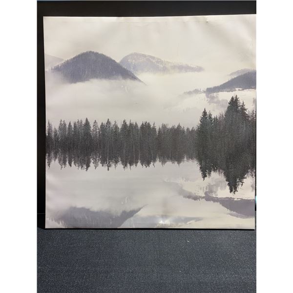 Framed Canvas Art Print Mountain Trees and Lake Reflection with Hanging Hardware