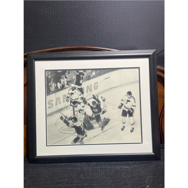 Framed Black and White Hockey Photograph Signed, Approx. 23 x 27 Inches