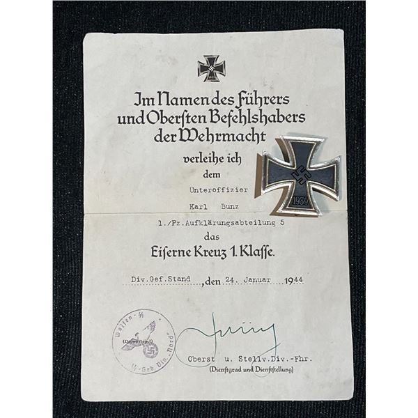 WWII German Iron Cross First Class 1939 with Award Certificate, Maker Marked 65
