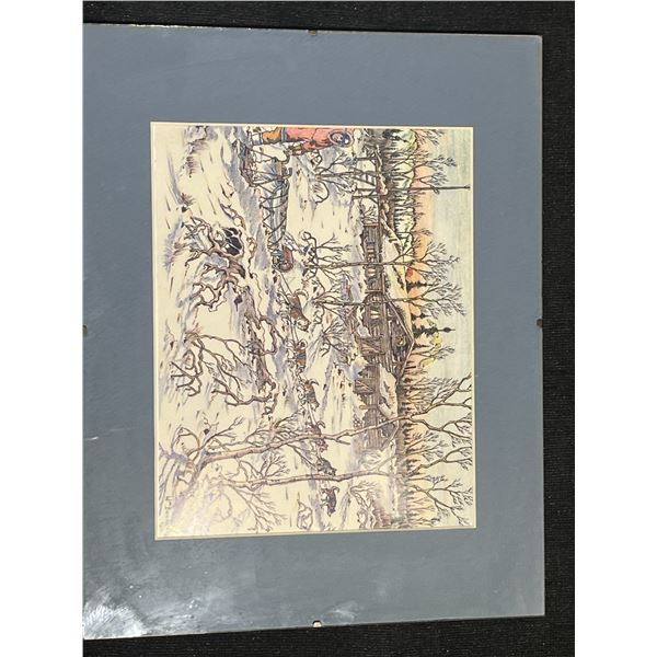 William Bonnetplume Signed Winter Scene Print with Dogsled, 11 x 14 Inches Mounted