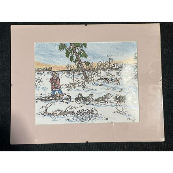 William Bonnetplume Signed 11" x 14" Drawing, Winter Scene with Dog Sled Team and Trees