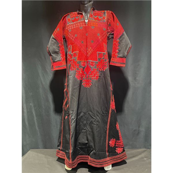 Traditional Black and Red Embroidered Long Dress with Geometric Patterns
