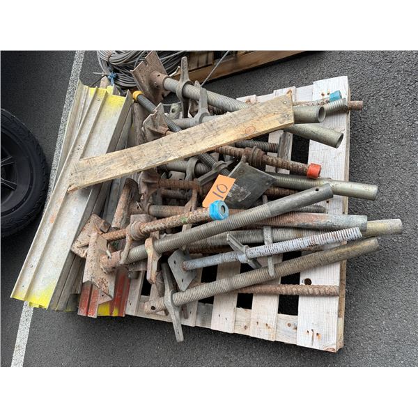Contents of Pallet:  Multiple Adjustable Scaffolding Leveling Jacks, Base Plates & Metal Struts, Mis
