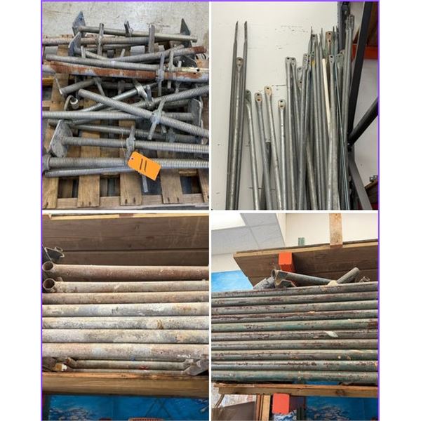 Contents of Pallet:  Multiple Adjustable Scaffolding Leveling Jacks, Tubes, Braces, Guardrails, etc