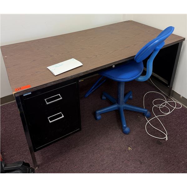 Metal Desk w/ Laminate Top & 2 Drawers 60" x 30" x 29"H w/ Blue Office Chair