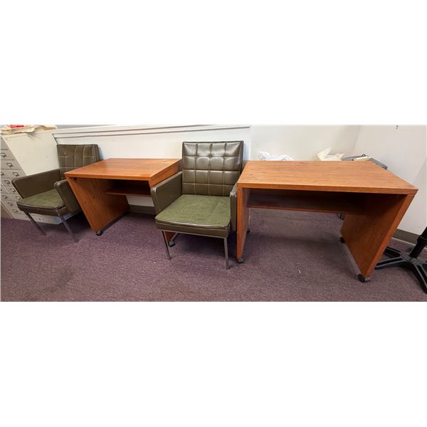 Qty 2 Wooden Tables 34" x 21" x 26"H & 2 Upholstered Chairs 24" x 18" x 32"H