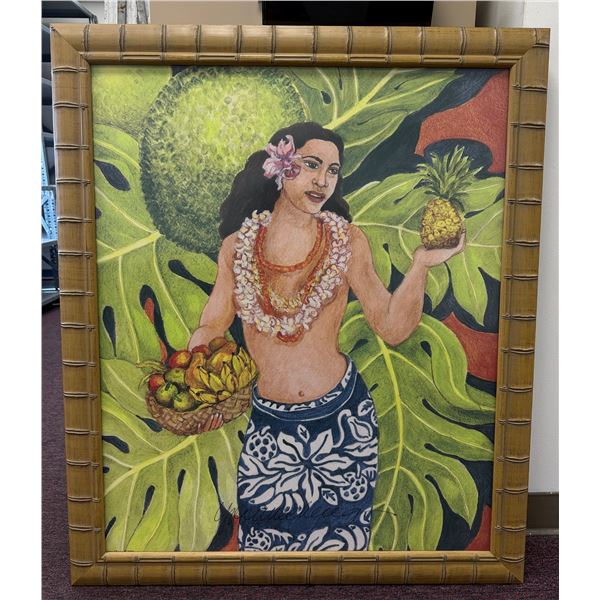 Polynesian Woman w/ Ulu Breadfruit Artwork Signed by Artist, 36" x 43", Framed