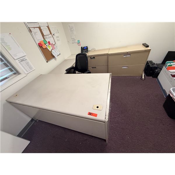 L-Shaped Desk 60" x 70" x 30"H w/ 2 Lateral File Cabinets & Office Chair (Contents Not Included)