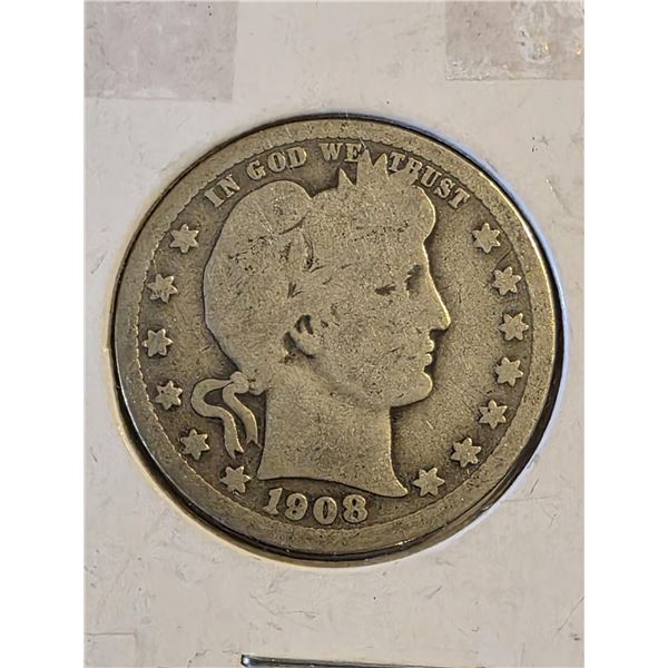 1908 SILVER BARBER QUARTER