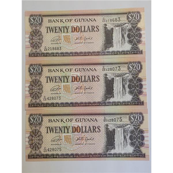 THREE BANK OF GUYANA $20 CRISP UNC BANKNOTES