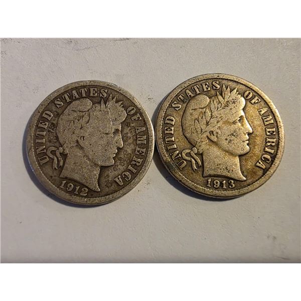 1912 AND 1913 SILVER BARBER DIMES