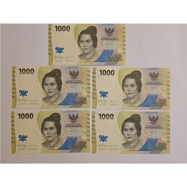 5 INDONESIAN 1000 RUPIAH CRISP UNC BANKNOTES