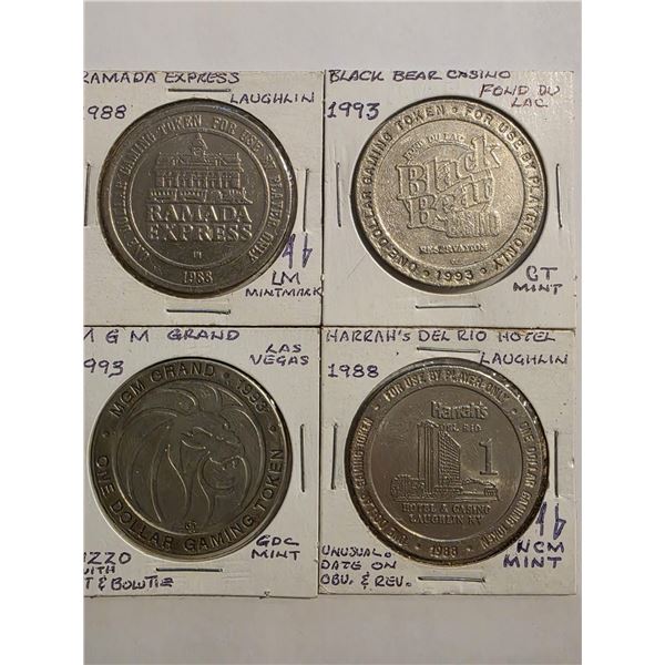 4 VINTAGE METAL ONE DOLLAR CASINO TOKENS