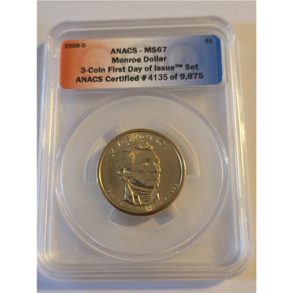2008-D MONROE DOLLAR ANACS MS67