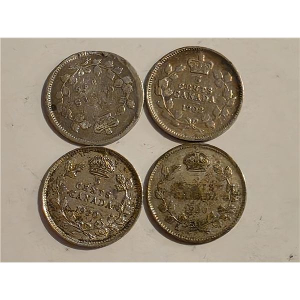 1899, 1902 AND 2-1920 CANADA SILVER 5 CENTS COINS
