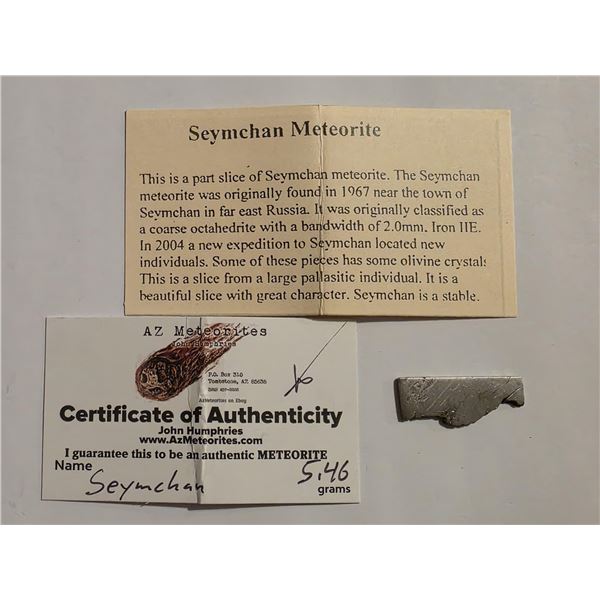 SEYMCHAN METEORITE PART SLICE 5.46 GRAMS