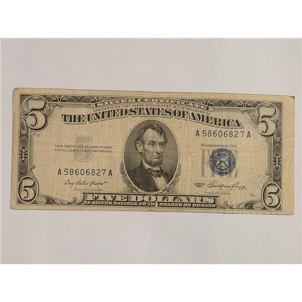 1953 US FIVE DOLLAR SILVER CERTIFICATE