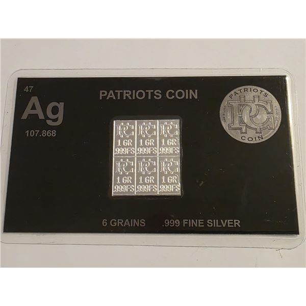6-1-GRAIN .999 FINE SILVER PATRIOTS COIN INGOTS