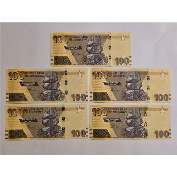 5 BANK OF ZIMBABWE $100 CRISP UNC BANKNOTES