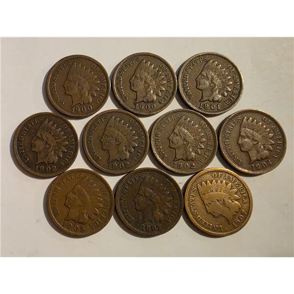 COLLECTION OF 10 INDIAN HEAD CENTS 1900-1907