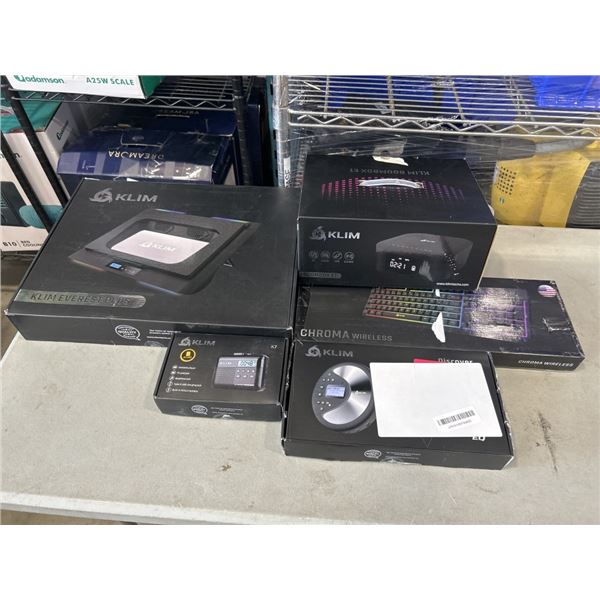 KLIM ITEMS INCLUDING EVEREST PLUS LAPTOP COOLER, BOOMBOX, CHROMA KEYBOARD, PORTABLE CD PLAYER, AND P