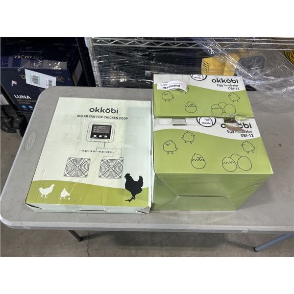 2 OKKOBI OBI 12 EGG INCUBATORS MODEL, AND OKKOBI SOLAR FAN FOR CHICKEN COOP
