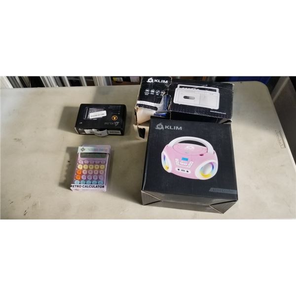 KLIM ITEMS INCLUDING CANDY BOOMBOX, SINGLE CASETTE PLAYER, PORTABLE CASETTE PLAYER AND ZENO CALCULAT
