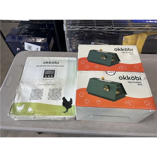 2 OKKOBI M10 EGG INCUBATORS AND OKKOBI SOLAR FAN FOR CHICKEN COOP