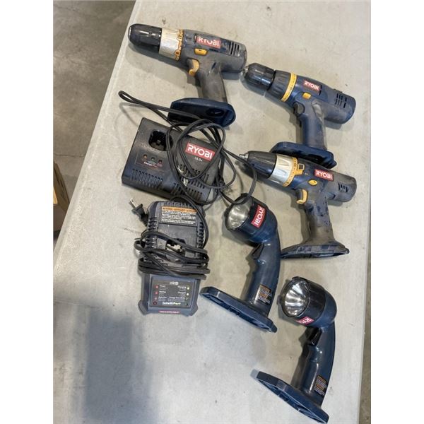 BOX OF RYOBI TOOLS INCLUIDNG DRILLS, BATTERY CHARGER, LIGHT