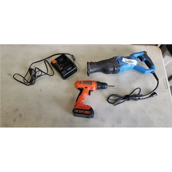 BLACK & DECKER CORDLESS DRILL WITH BATTERY & CHARGER, AND MASTERCRAFT RECIPROCATING SAW