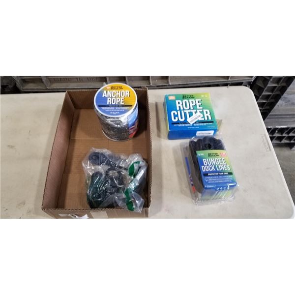 TRAY OF BETTER BOAT ITEMS INCLUDING ANCHOR ROPE, BUNGEE DOCK LINES AND ROPE CUTTER