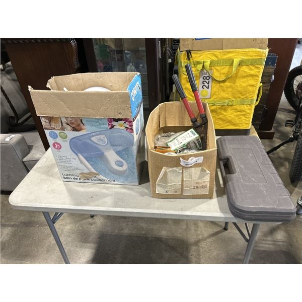 ASSORTED CANNING LIDS, FOOT BATH AND BBQ TOOL SET