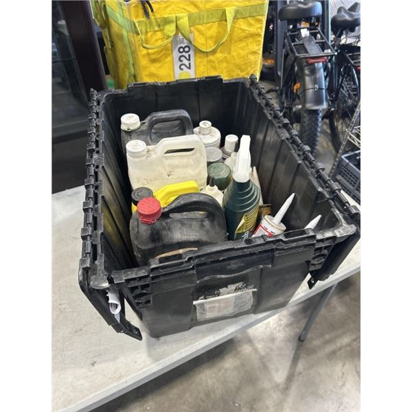 TOTE OF ASSORTED SHOP FLUIDS, SILICONE, SPRAY PAINT ETC