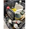 Image 3 : TOTE OF ASSORTED SHOP FLUIDS, SILICONE, SPRAY PAINT ETC