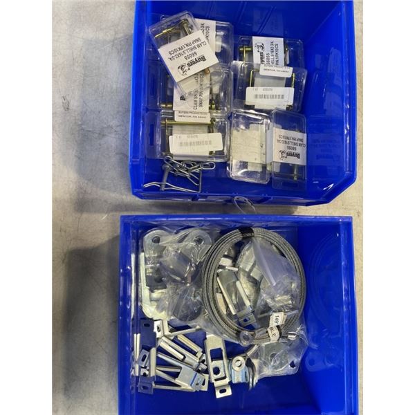 TRAY OF BUYERS CLAMPSHELLS AND TRAY OF STRIKE PLATES & 149" B CABLE