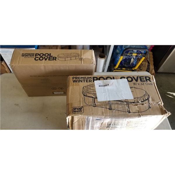 2 SHOP SQUARE POOL COVERS. 1 IS 16' X 32' OVAL, THE OTHER IS 15' X 30' OVAL