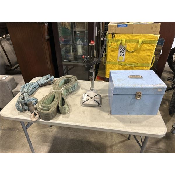 BLUE METAL BOX, MANUAL DRILL PRESS AND 2 TOW STRAPS