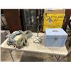 Image 1 : BLUE METAL BOX, MANUAL DRILL PRESS AND 2 TOW STRAPS