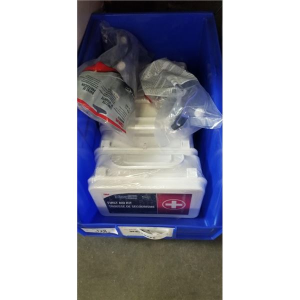 TOTE WITH 5 FIRST AID KITS AND 2 NEW 3M GOGGLES