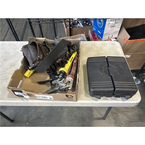 TRAY OF TOOLS INCLUDINGDEWALT TOOL BAG, CASED HAND TOOLS, EXTENSION CORD ETC