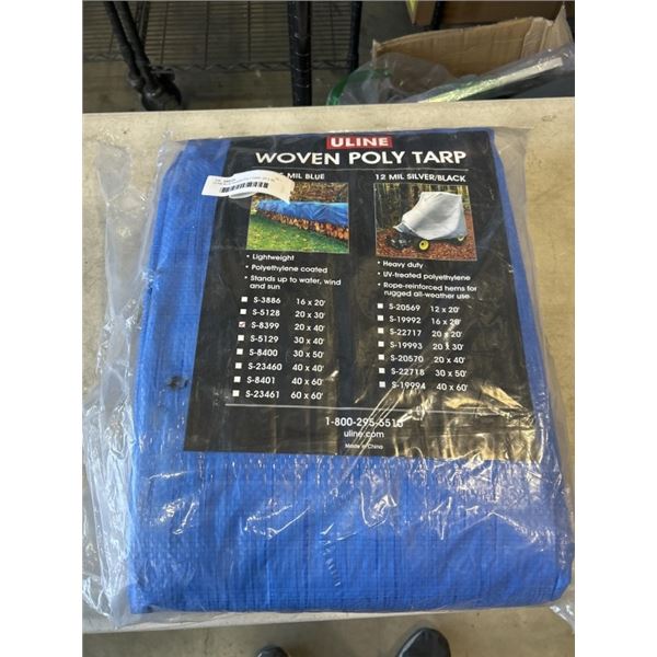 ULINE BLUE WOVEN POLY TARP. 20' X 40'