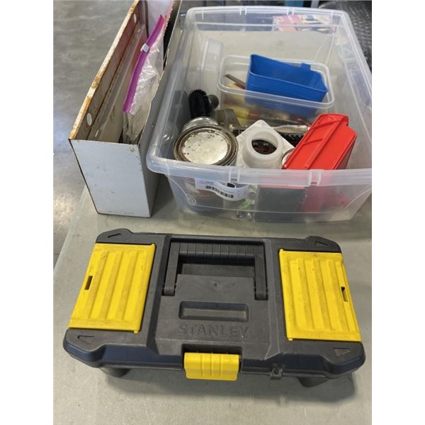 STANTLEY TOOLBOX AND TOTE WITH CONTENTS, PLASTIC TOTE OF CAR FLUIDS AND 10 SAW BLADES