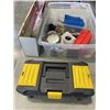 Image 1 : STANTLEY TOOLBOX AND TOTE WITH CONTENTS, PLASTIC TOTE OF CAR FLUIDS AND 10 SAW BLADES