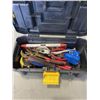 Image 2 : STANTLEY TOOLBOX AND TOTE WITH CONTENTS, PLASTIC TOTE OF CAR FLUIDS AND 10 SAW BLADES