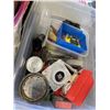 Image 4 : STANTLEY TOOLBOX AND TOTE WITH CONTENTS, PLASTIC TOTE OF CAR FLUIDS AND 10 SAW BLADES