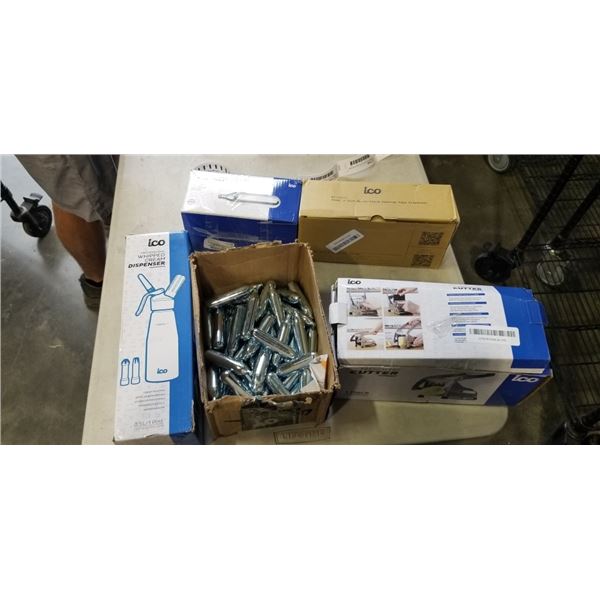 ICO WHIP CREAM DISPENSER, NON THREADED C02 CARTRIDGES, FRENCH FRY CUTTER, AND DESKTOP TAPE DISPENSER