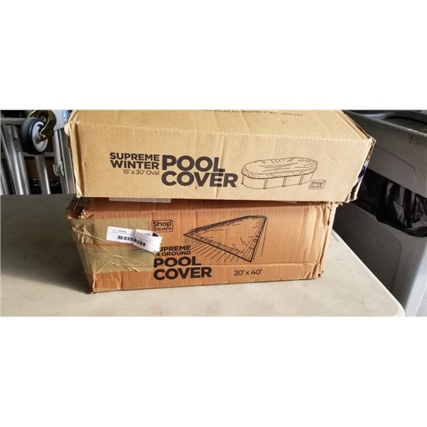 2 SHOP SQUARE POOL COVERS. 1 IS 20' X 40', THE OTHER IS 15' X 30'