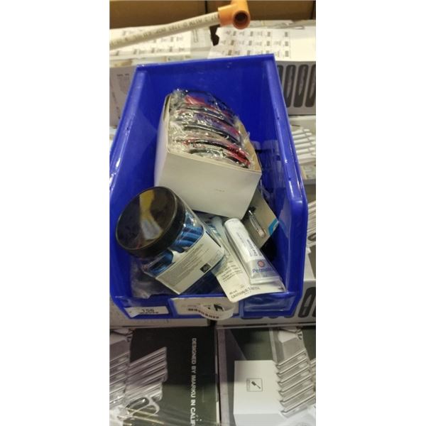 TOTE OF TOOLS INCLUDING BOX OF NEW SAFETY GLASSES, EVERBILT HEAVY DUTY STEEL HOOKS, LIGHT TRUCK MULT